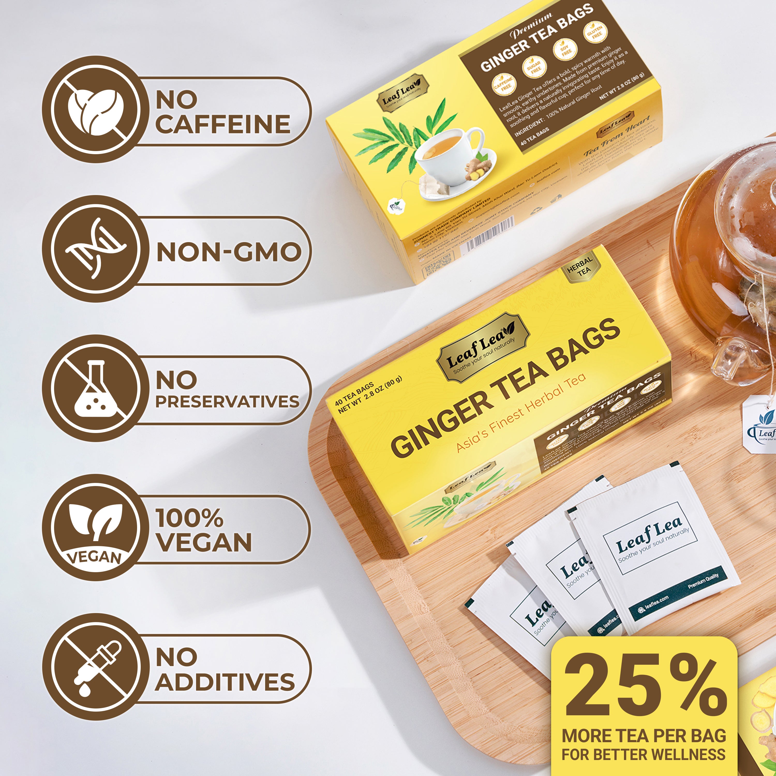 LeafLea Ginger Tea Bags - Bold, Spicy Flavor & Soothing Herbal Experience, Caffeine-Free