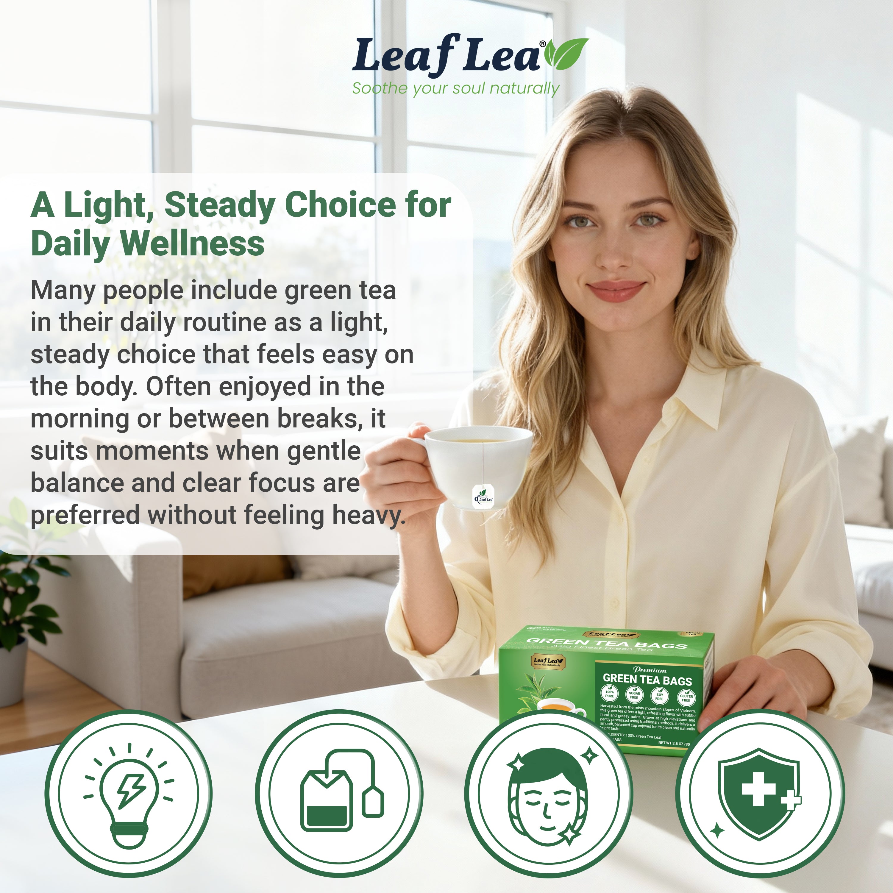 LeafLea Green Tea Bags, 100% Natural & Pure from Green Tea Leaves, Smooth & Refreshing, Everyday Wellness with Natural Caffeine Content