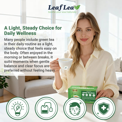 LeafLea Green Tea Bags, 100% Natural & Pure from Green Tea Leaves, Smooth & Refreshing, Everyday Wellness with Natural Caffeine Content