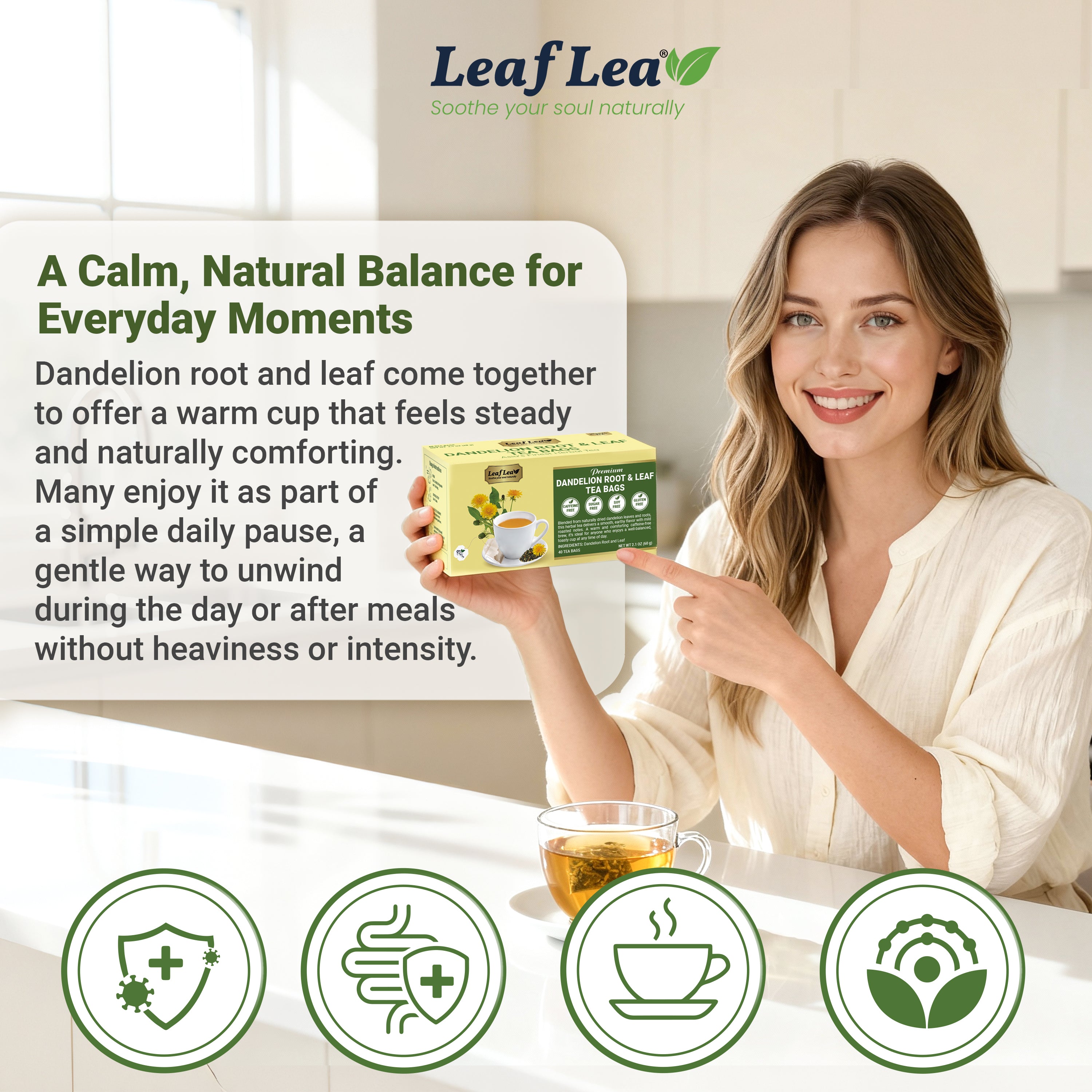 LeafLea Dandelion Root and Leaf Tea Bags, Roasted Dandelion Root Tea Blend, Natural Herbal Tea for Digestion & Wellness