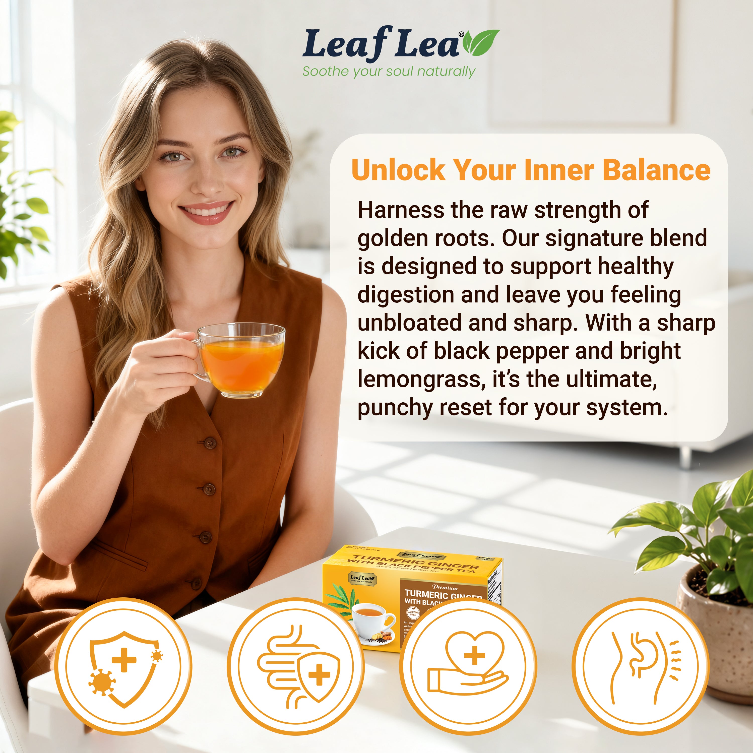 LeafLea Turmeric Ginger with Black Pepper Tea Bags, Individually Wrapped for Freshness, Natural Herbal Blend for Immunity, Joint & Digestion, Caffeine Free, Vegan, No Sugar