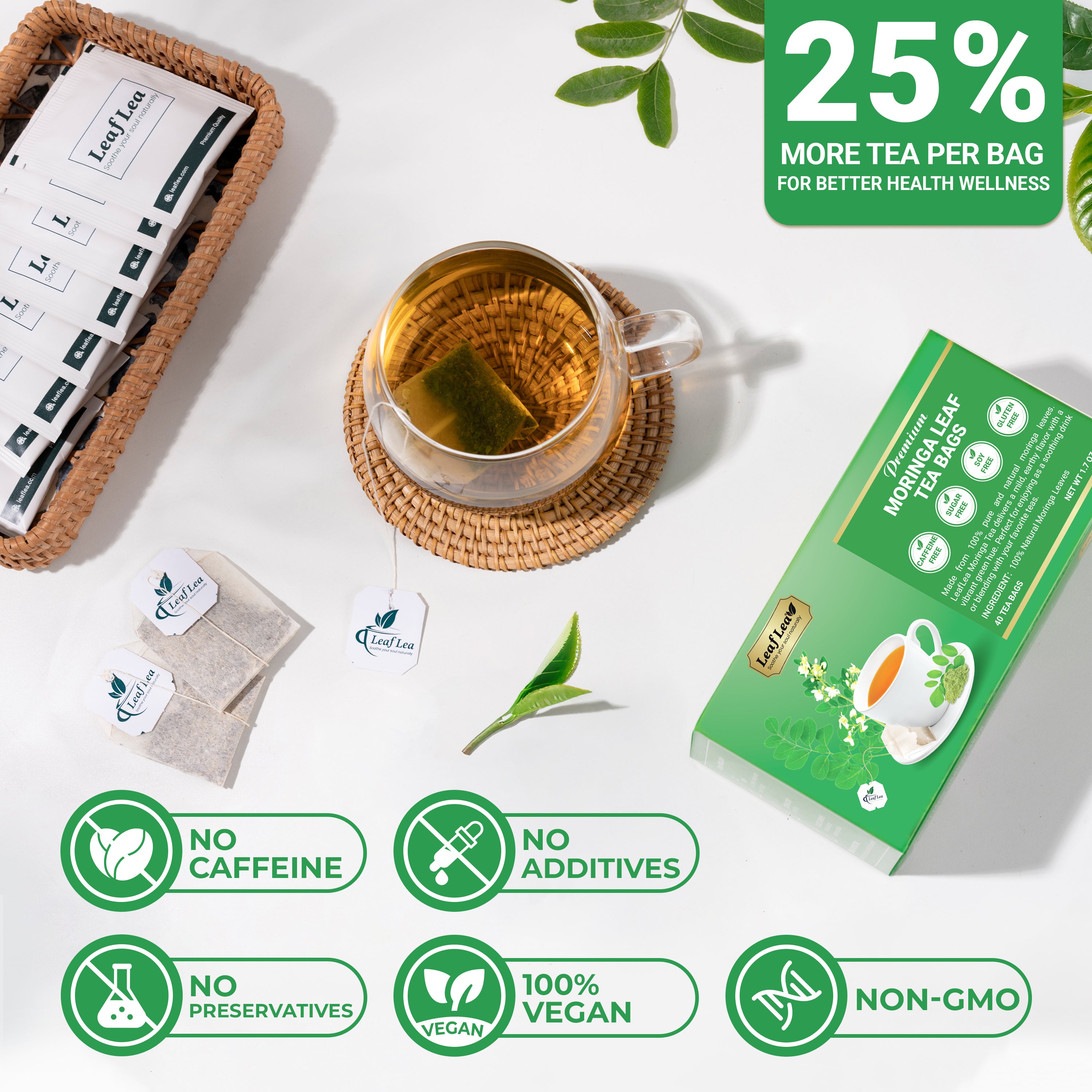 LeafLea 40 Moringa Tea Bags - Supports Digestion & Immune Health Caffeine-Free