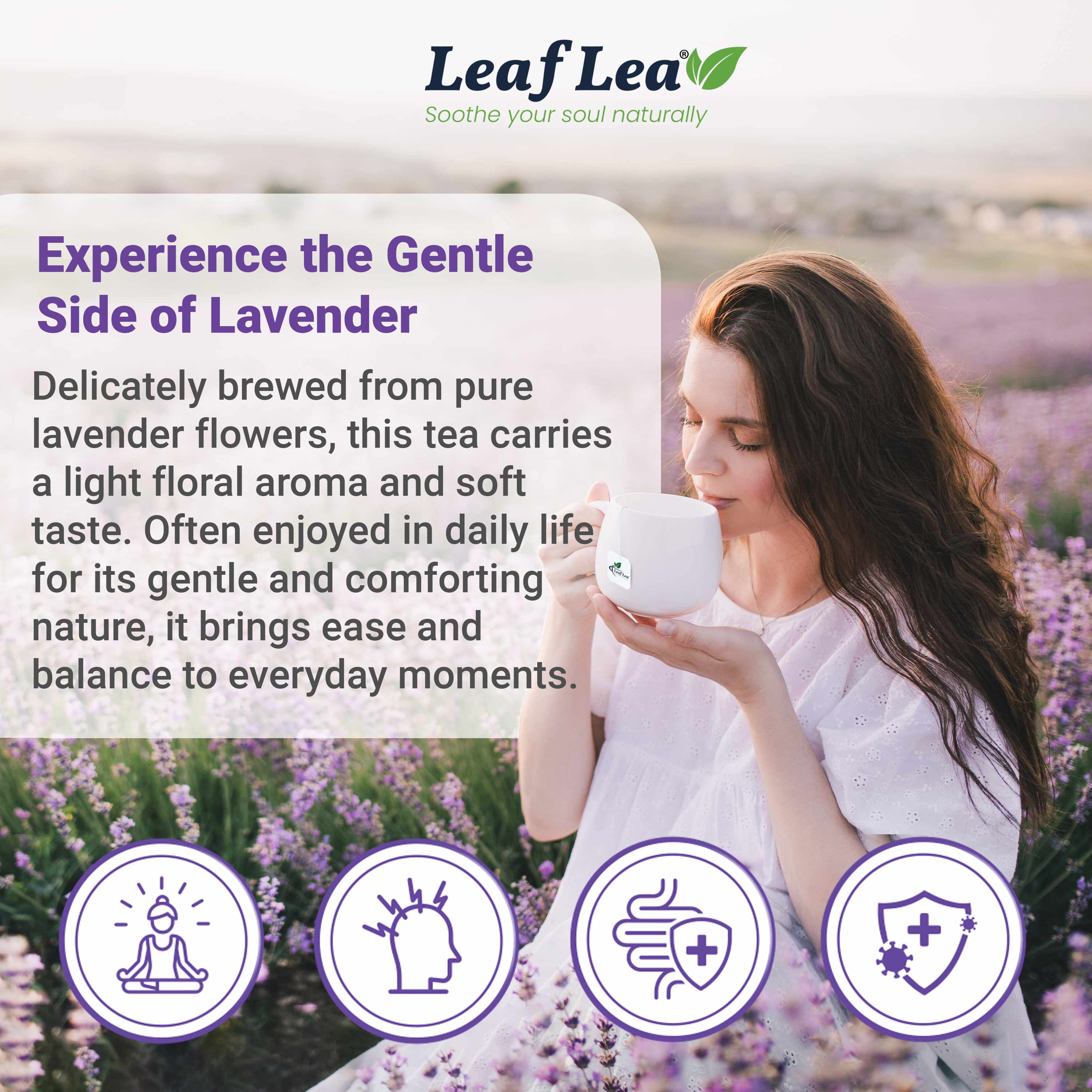 LeafLea 40 Premium Lavender Tea Bags, Natural Lavender Flowers, Lavendar Herbal Tea with Delicate Floral Aroma & Smooth Flavor, Relaxing Evening Infusion, No Caffeine
