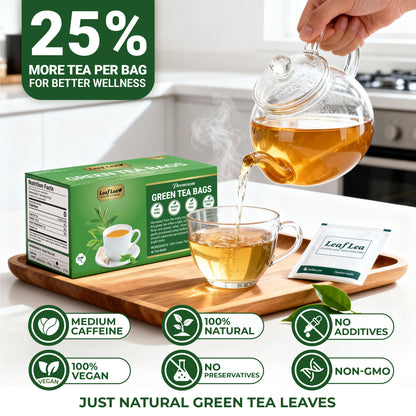 LeafLea Green Tea Bags, 100% Natural & Pure from Green Tea Leaves, Smooth & Refreshing, Everyday Wellness with Natural Caffeine Content