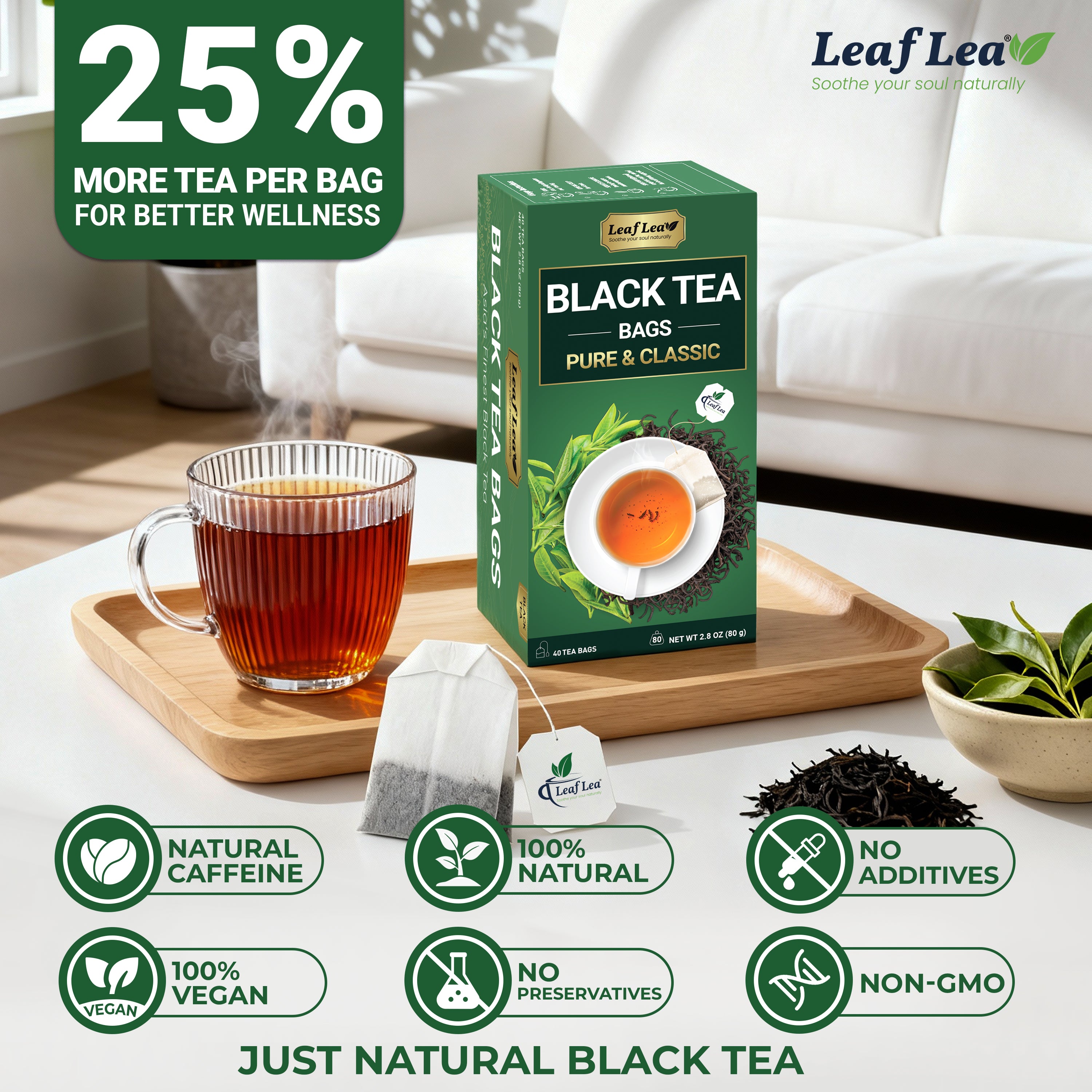 LeafLea Black Tea Bags, Premium Full-Bodied Black Tea Leaves, Digestive Ease & Natural Alertness with Caffeine