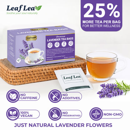 LeafLea 40 Premium Lavender Tea Bags, Natural Lavender Flowers, Lavendar Herbal Tea with Delicate Floral Aroma & Smooth Flavor, Relaxing Evening Infusion, No Caffeine