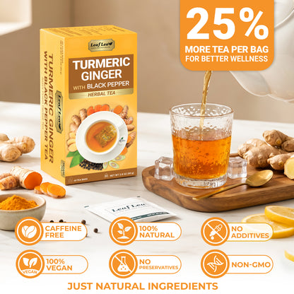 LeafLea Turmeric Ginger with Black Pepper Tea Bags, Individually Wrapped for Freshness, Natural Herbal Blend for Immunity, Joint & Digestion, Caffeine Free, Vegan, No Sugar