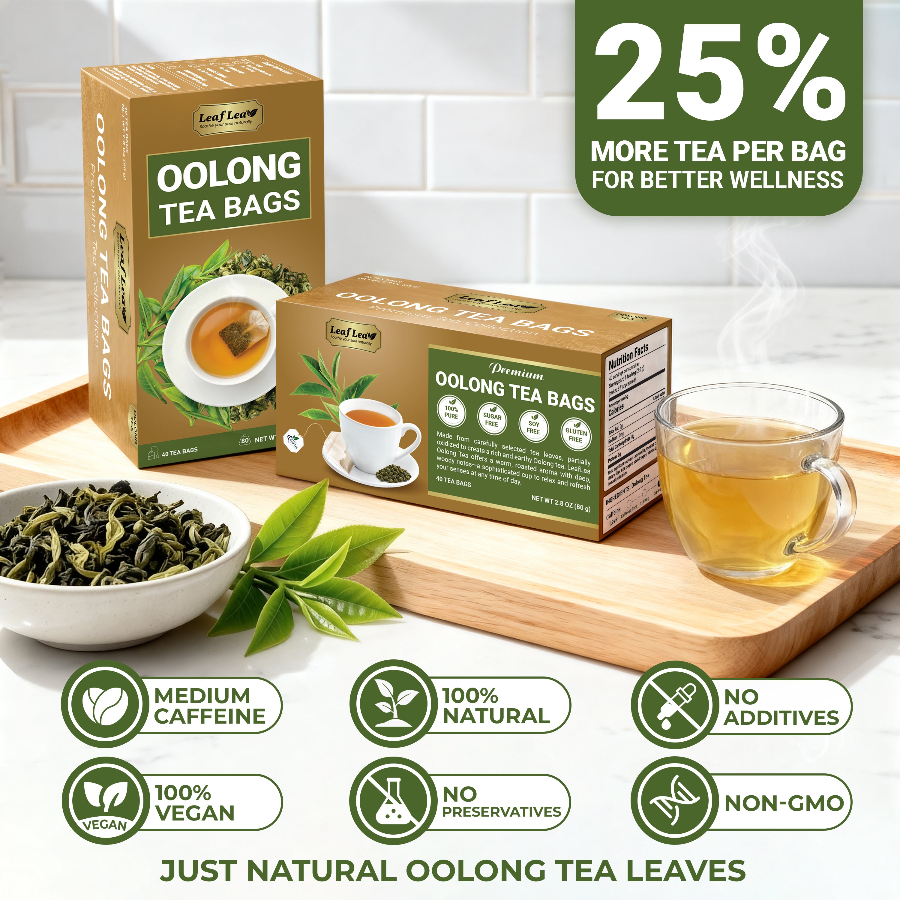 LeafLea Oolong Tea Bags, 100% Oolong Tea Leaves, Smooth Warm Aroma with Light Toasted Notes