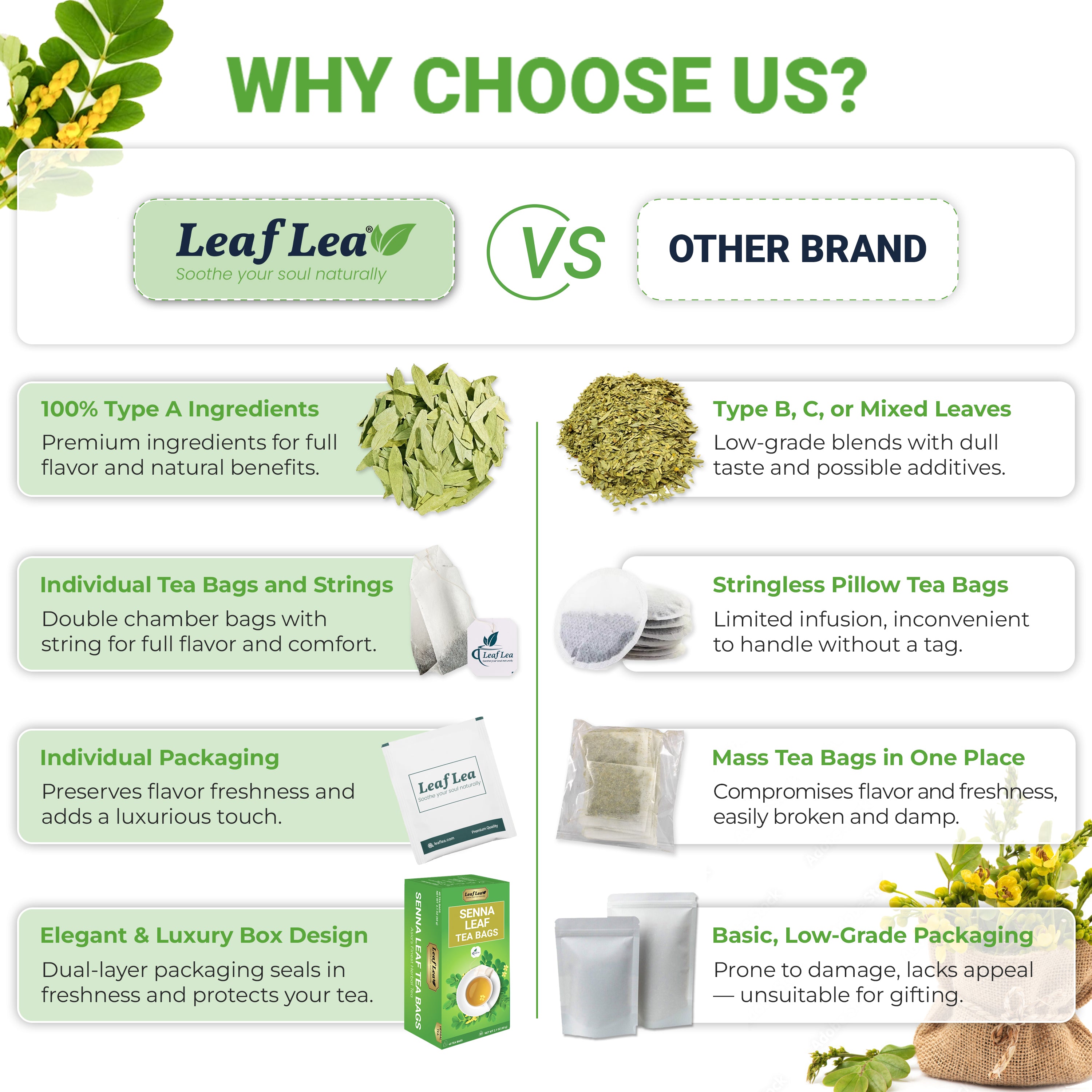 LeafLea Senna Leaf Tea Bags  –  Naturally Smooth & Gentle Herbal Brew