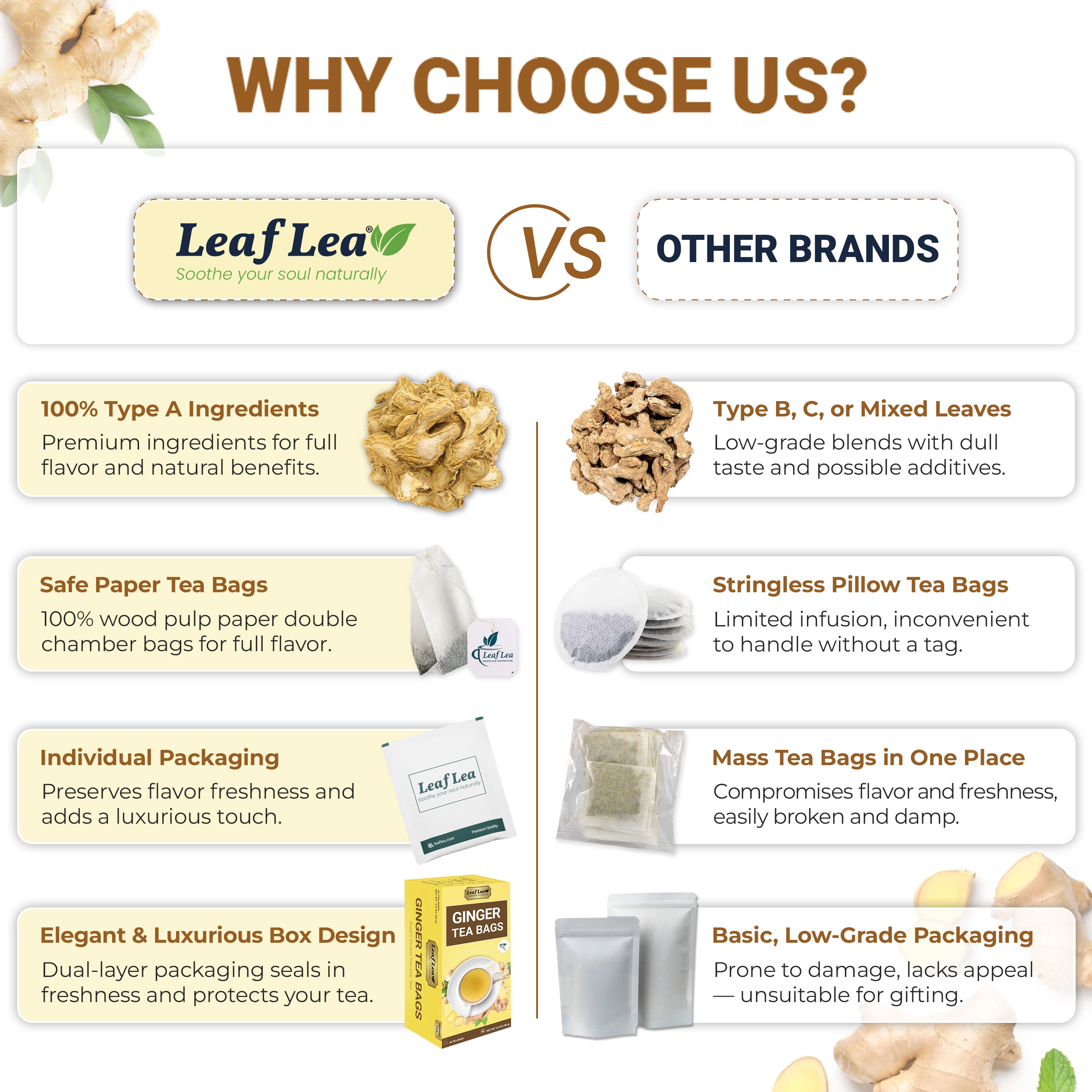 LeafLea Ginger Tea Bags - Bold, Spicy Flavor & Soothing Herbal Experience, Caffeine-Free