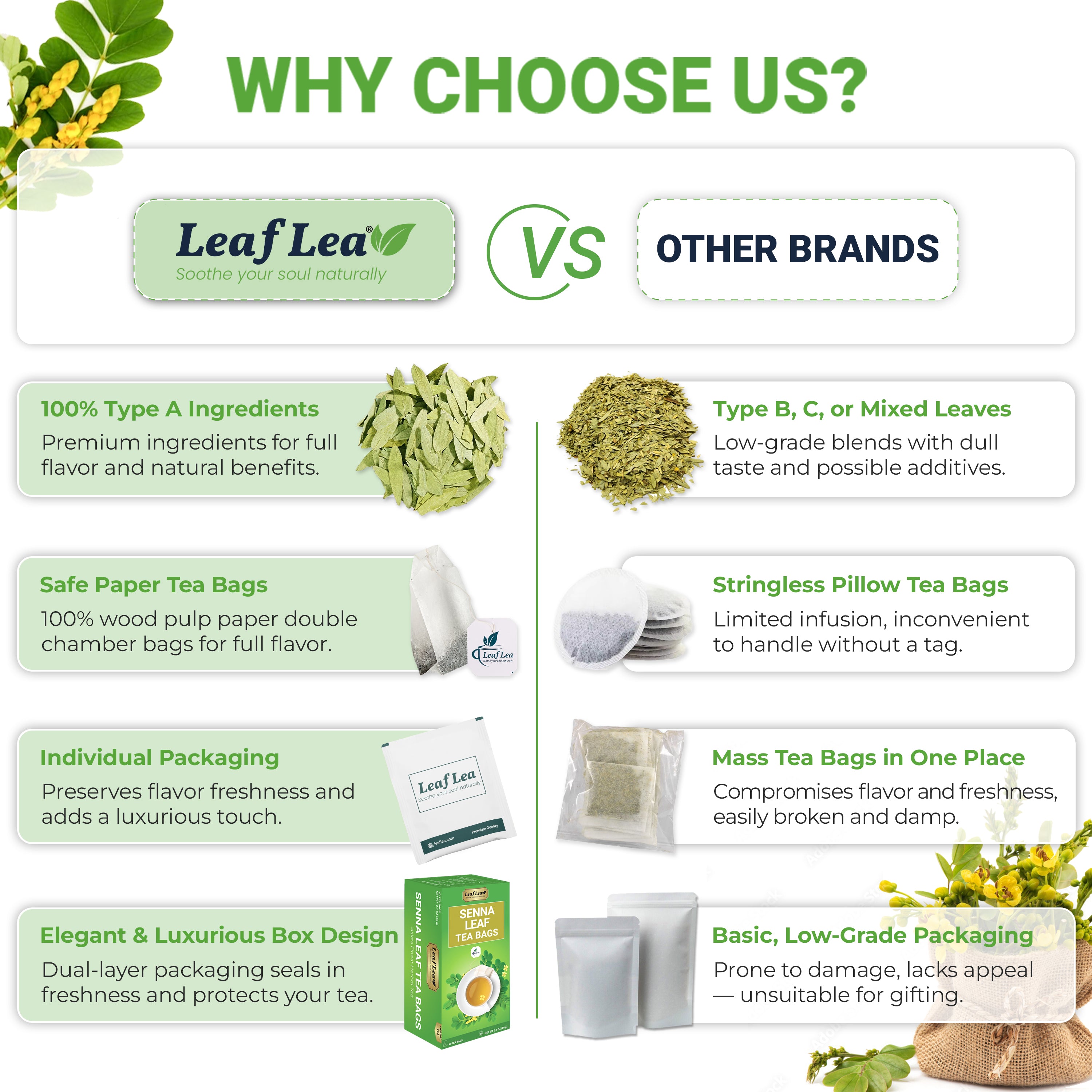 LeafLea Senna Leaf Tea Bags  –  Naturally Smooth & Gentle Herbal Brew