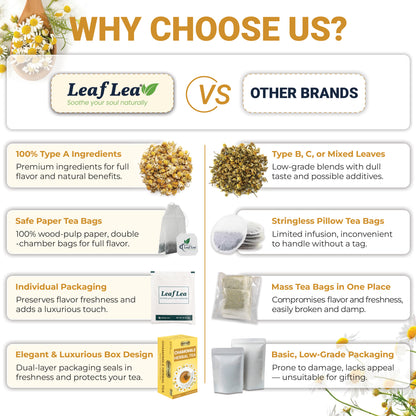 LeafLea Chamomile Tea Bags, Herbal Tea from Chamomile Flowers, Gentle Floral Scent, Clean Smooth Finish