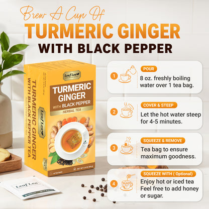 LeafLea Turmeric Ginger with Black Pepper Tea Bags, Individually Wrapped for Freshness, Natural Herbal Blend for Immunity, Joint & Digestion, Caffeine Free, Vegan, No Sugar