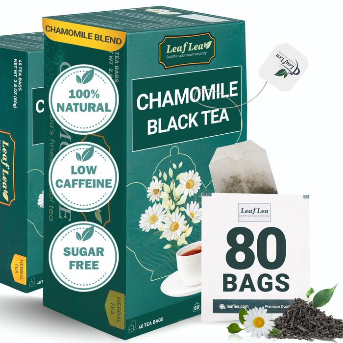 LeafLea Chamomile Black Tea Bags – Soothing Chamomile & Bold Black Tea Blend for Relaxation and Digestive Health, Low Caffeine, Daily Wellness, 80 Bags