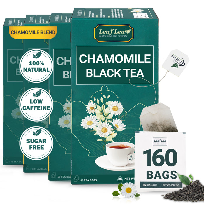 LeafLea Black Tea Blend with Chamomile - 160 Manzanilla Tea Bags | Relaxation & Digestive Comfort, Non-GMO, Vegan, Pack of 4