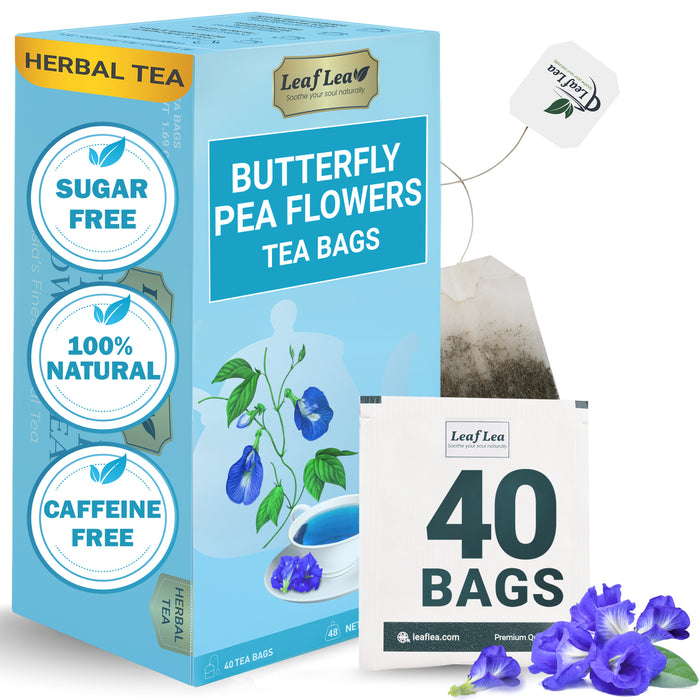 LeafLea Blue Butterfly Pea Flower Tea Bags – Herbal Blue Pea Tea for Relaxation, Mocktails & Natural Food Coloring, Caffeine-Free, Sugar-Free (40 Bags)