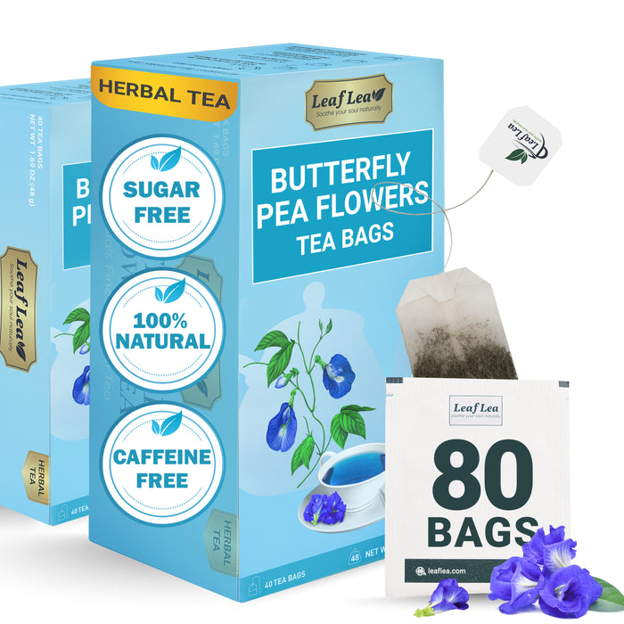 LeafLea Butterfly Pea Flower Tea Bags - 80 Count | Natural Blue & Purple Tea, Caffeine-Free, Perfect for Drinks & Food Coloring