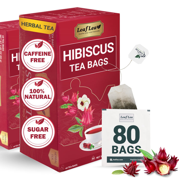 LeafLea Hibiscus Tea Bags – 80 Premium Hibiscus Flower Tea Bags (Pack of 2), Supports Heart Health & Immunity, Rich in Antioxidants & Vitamin C, Caffeine-Free, Sugar-Free Beverage