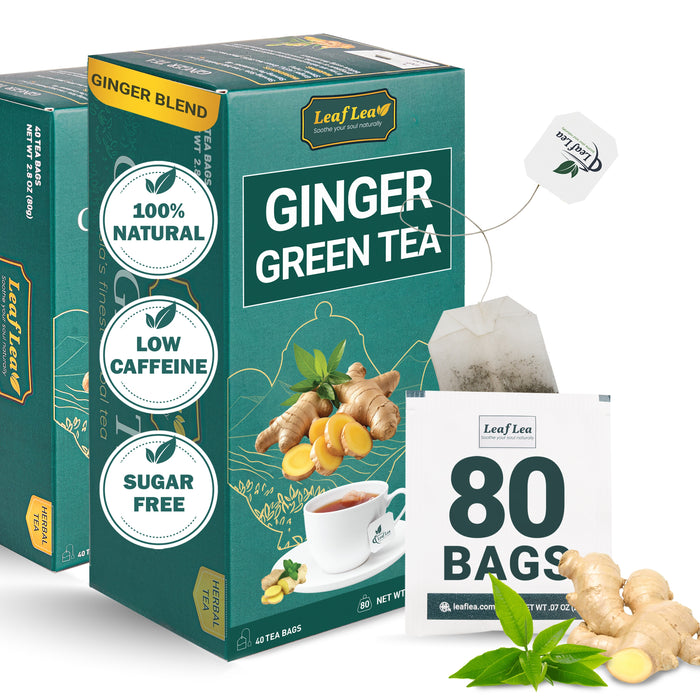 LeafLea Green Tea with Ginger - 80 Count | Natural, Low Caffeine, Supports Digestion & Immunity, Sweetened with Stevia, Gluten-Free