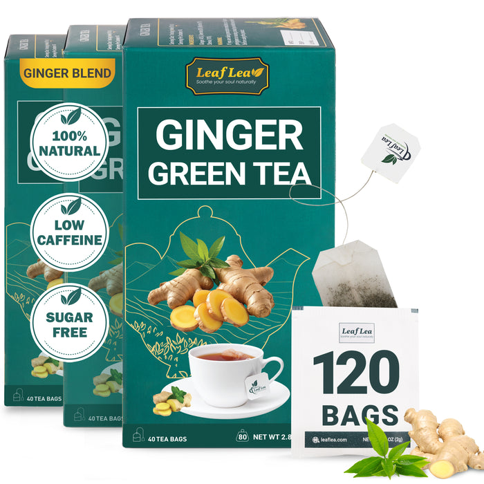 LeafLea Premium Ginger Green Tea Blend - 120 Bags | Natural Ginger Roots, Digestive Health, Low Caffeine, No Sugar, Daily Wellness