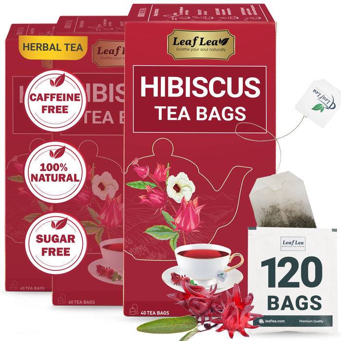 LeafLea Hibiscus Tea Bags – 120 Premium Hibiscus Flower Tea Bags, Supports Heart Health & Immunity, Antioxidant-Rich with Vitamin C, Caffeine-Free, Sugar-Free Beverage